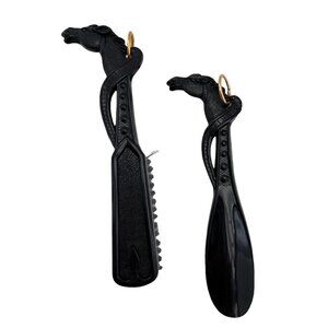 Vintage Horse Head Shoehorn & Brush Set Hanging Black Japan Plastic
